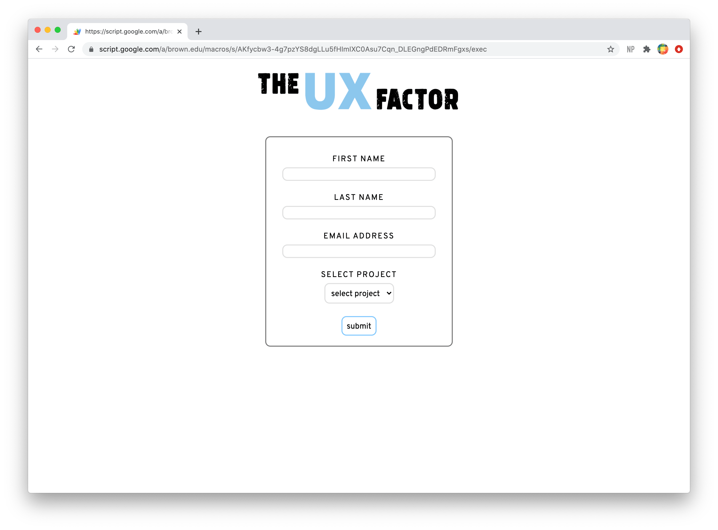 screenshot of UX factor login page