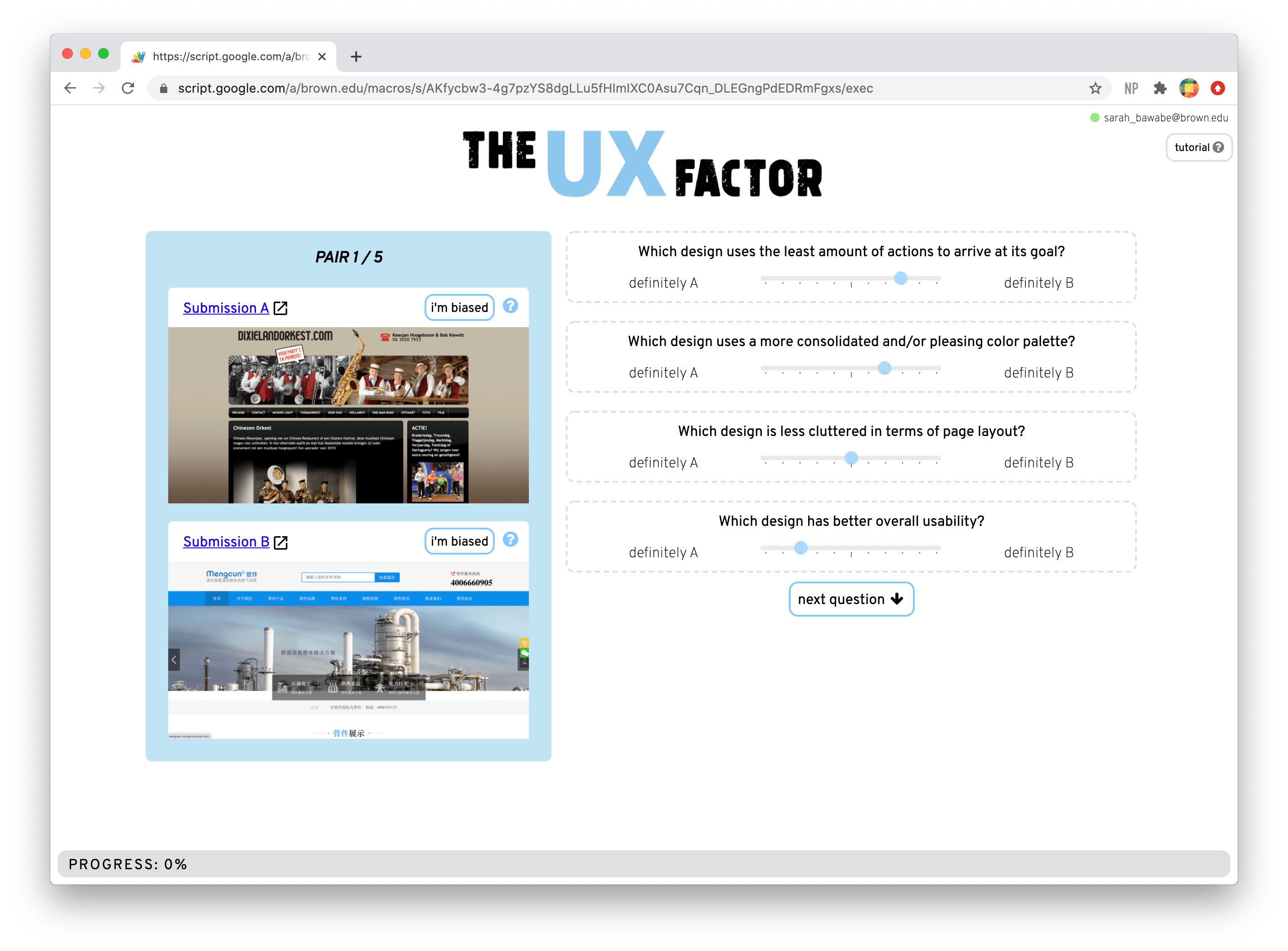 screenshot of UX factor a-b comparison interface
